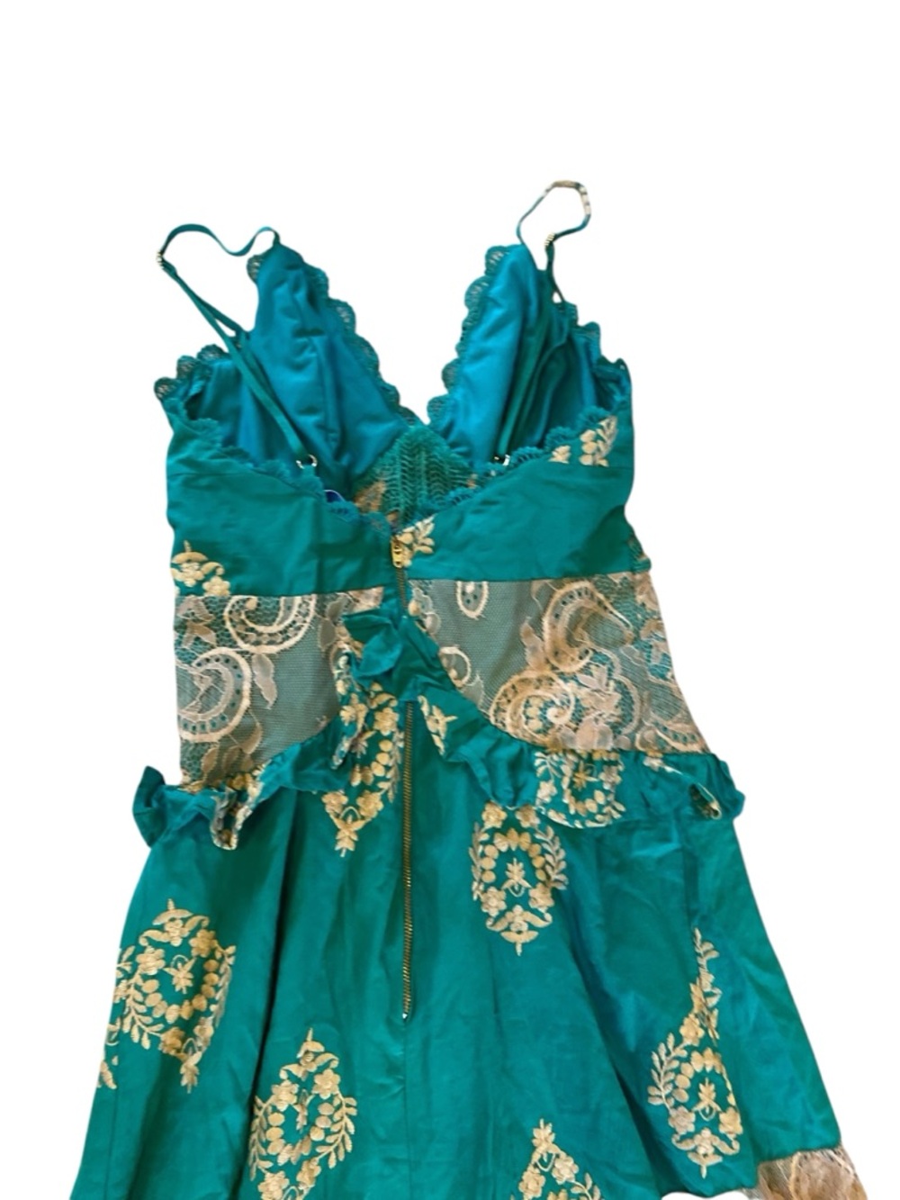 TUART OFFICIAL Turquoise Tiered Embroidered Lace Maxi Dress Bollywood - Picture 4 of 10